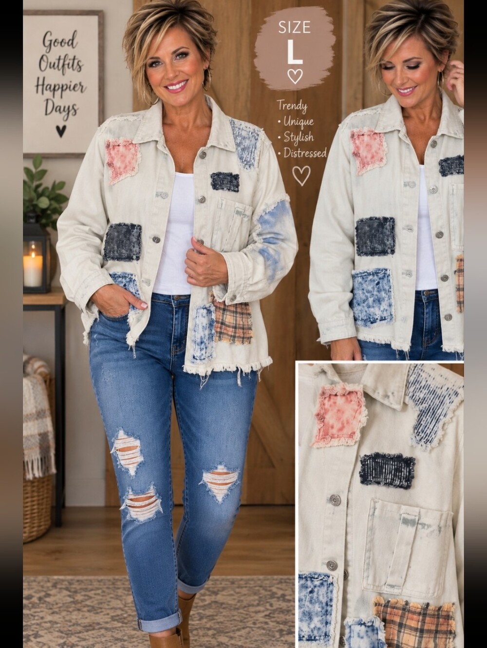 POL Washed Patchwork Button-Front Jacket - Cream